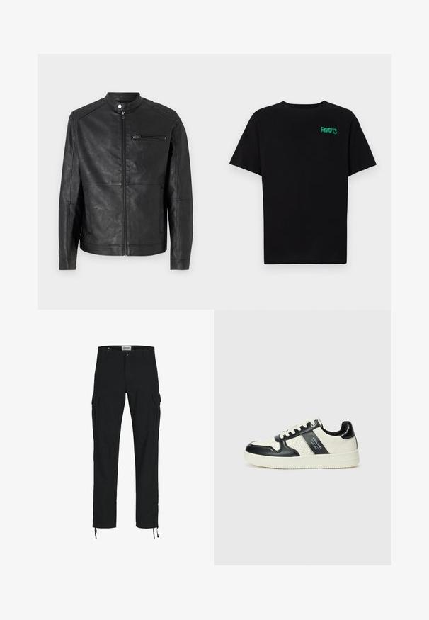 Schwarze Lederjacke mit Stehkragen, Frontreißverschluss und horizontalen Steppnähten an den Schultern. Verfügt über eine Reißverschlusstasche auf der Brust.; Schwarzes T-Shirt aus Baumwolle mit kurzen Ärmeln. Auf der Vorderseite befindet sich ein grünes "ROOTS"-Logo, es hat einen runden Halsauschnitt und eine normale Passform.; Schwarze Cargo-Hosen mit geradem Schnitt, ausgestattet mit Seitentaschen, einem Knopfverschluss und elastischen Zugbändern an den Knöcheln. Hergestellt aus strapazierfähigem Stoff.; Leder-Sneaker in Schwarz- und Cremetönen, mit perforierten Akzenten, einem gepolsterten Kragen und einer strukturierten Laufsohle.