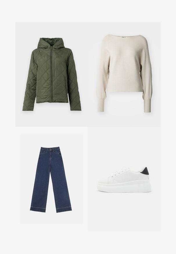 Kootud roheline jakk kapuutsiga. Omab ees olevat tõmblukk ja küljetaskud. Tekstuuriga rombikujuline muster sileda viimistlusega.; Bež ribaga musteriga sviiter laia kaelusega, pikkade varrukatega ja kitsaste mansettidega. Pehme tekstuur ja diskreetsed horisontaalsed triibud. Brändi silt on nähtav.; Laiad püksid tumedast sinisest denimist. Omab viit taskut, vöölõke ja toore äärega allosas, kus on nähtavad õmblused.; Valged platvormsneakerid, mis on valmistatud siledast sünteetilisest materjalist, ovaalse toe, paelkinnise disaini ja tekstuurse kummitaldiga. Must kontsrihm.