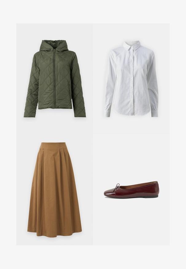 Quiltet grønn jakke med hette. Har frontglidelås og sidelommer. Teksturert diamantmønster med en jevn finish.; Hvit skjorte med knapper laget av glatt bomull, med klassisk krage, lange ermer og buet skjær. Knapper er små og hvite.; Brun bomull A-linje skjørt med høy midje, med folder foran og en jevn tekstur. Kantene er rene og enkle.; Burgunderrød lakk lær ballettleilighet med rund tå, liten sløyfe foran og en lav, svart gummisåle. Glatt tekstur.