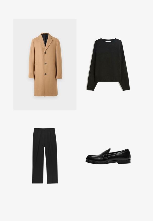 Cappotto in lana cammello con collo a rovescio, quattro bottoni e due tasche frontali. Presenta una fodera interna liscia di colore scuro.; Maglione nero lavorato a maglia con scollatura rotonda, polsini e orlo a costine. Il design è ampio con spalle cadenti per una vestibilità rilassata.; Pantaloni neri con un design a gamba dritta, realizzati in un tessuto liscio. Presentano pieghe frontali e una chiusura a un bottone in vita.; Mocassino in pelle nera con finitura liscia, caratterizzato da un dettaglio di cucitura sulla tomaia e una suola in gomma nera solida e bassa.