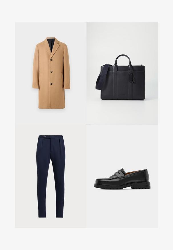 Cappotto in lana cammello con collo a rovescio, quattro bottoni e due tasche frontali. Presenta una fodera interna liscia di colore scuro.; Camicia azzurra chiaro e bianca a righe, con colletto classico, maniche lunghe e un piccolo logo ricamato sul petto.; Pantaloni eleganti blu navy con fronte piatto, due pince anteriori e chiusura con un bottone, realizzati in un tessuto liscio e con una texture.; I mocassini in pelle nera presentano una cucitura sollevata, due fasce decorative sulla parte superiore e una suola spessa e texture per una maggiore aderenza.; Cartella in pelle blu scuro con doppio manico superiore e tracolla removibile. Presenta una finitura texturizzata, cuciture verticali e dettaglio del logo.