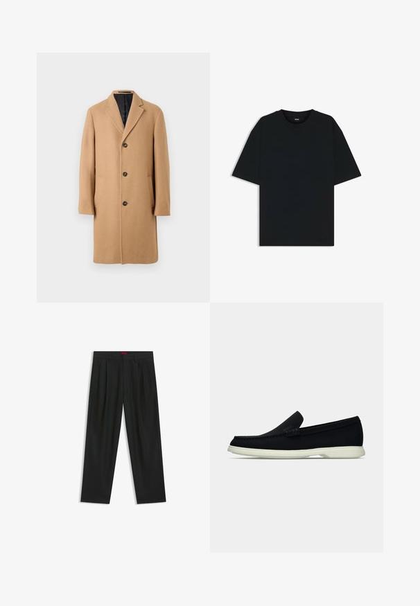 Abrigo de lana de camello con cuello de muesca, cuatro botones y dos bolsillos frontales. Presenta un forro interior suave de color oscuro.; Camiseta de algodón negra con cuello redondo y mangas cortas. Presenta un corte holgado y un diseño sencillo sin patrones ni acentos.; Pantalones negros con diseño plisado, forma de pierna ancha y textura suave. Presenta una etiqueta de cintura roja.; Zapato negro sin cordones con puntera redondeada, que presenta una parte superior texturizada, suela blanca lisa y un discreto detalle de marca en el lateral.