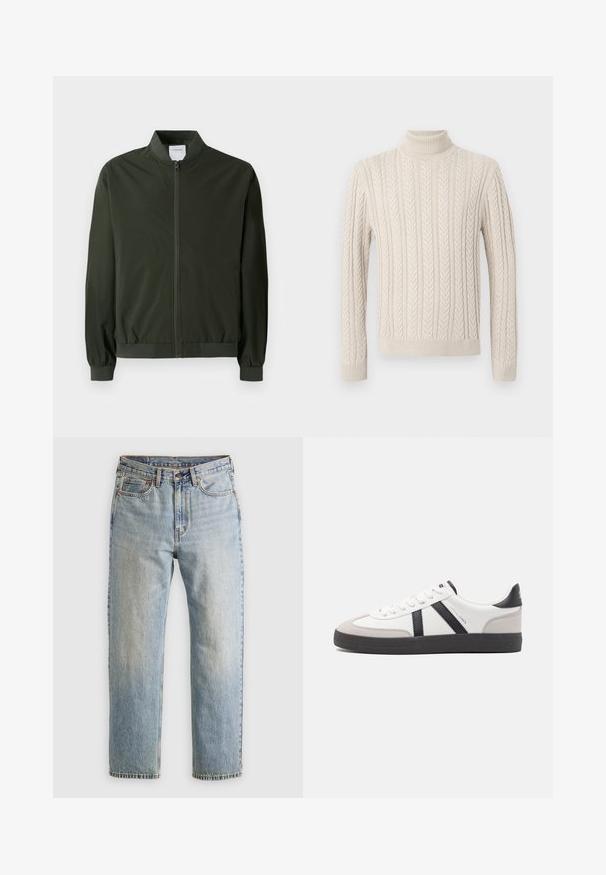 Olive green bomber jacket made of smooth nylon, featuring a front zipper, ribbed cuffs, and a rounded collar. No visible patterns or accents.; Beige, knitted sweater with a high, ribbed turtleneck. Features a textured cable pattern and ribbed cuffs and hem, offering a cozy appearance.; Light blue denim jeans with high waist, front button, zipper, and five-pocket design, laid flat on a neutral background.; White sneaker with black and gray accents, featuring a textured gray toe cap, black rubber sole, and flat white laces. Clean design, minimalist style.