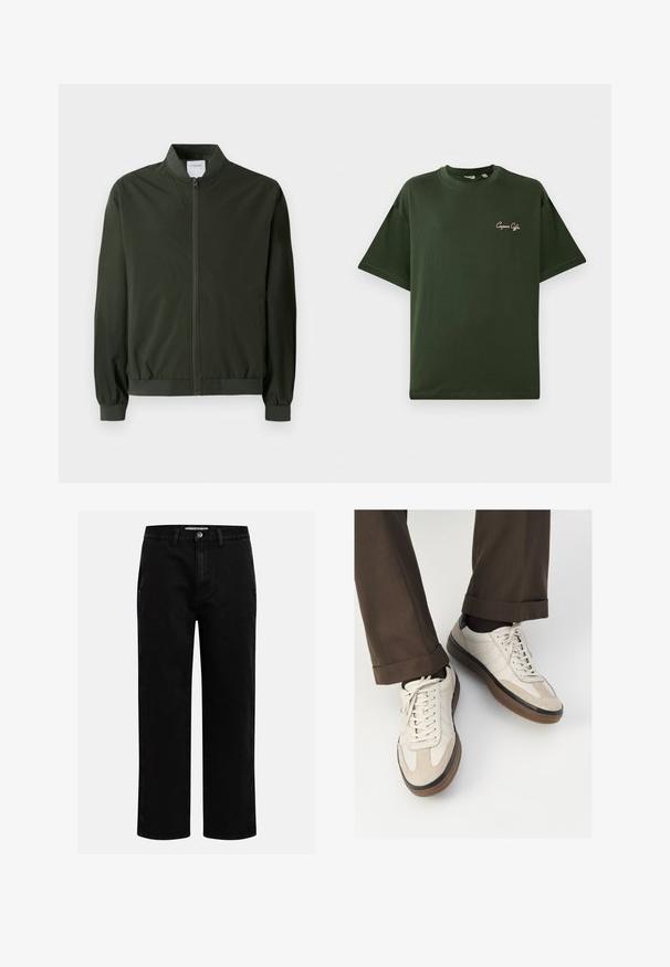 Casaco bomber verde oliva feito de nylon suave, com fecho na frente, punhos canelados e gola redonda. Sem padrões ou acentos visíveis.; T-shirt de algodão verde com mangas curtas e corte descontraído. Apresenta um pequeno logótipo bordado em rosa claro no lado esquerdo do peito.; Calças de ganga pretas com corte reto, design clássico de cinco bolsos e fecho de botão na cintura. Textura suave e tecido durável.; Tênis bege com frente em camurça texturizada, lados em couro liso e sola em borracha marrom. Inclui cadarços e detalhes de costura clara.