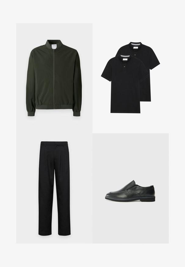 Olīvzaļš bumbieris jakas, kas izgatavota no gluda neilona, ar priekšējo rāvējslēdzēju, ribbedm piekariņiem un noapaļotu apkakli. Nav redzamu rakstu vai akcentu.; Divas melnas polo krekli, īsām piedurknēm, no kokvilnas materiāla, ar klasisku apkakli, divu pogu aizdari un balti svītroti akcenti apkakles iekšpusē.; Melnas bikses, izgatavotas no gludas auduma, ar taisnu kāju dizainu, divām priekšējām krokām un standarta jostu, kurai ir āķi.; Melnas ādas slip-on kurpes ar gludu augšdaļu, izšūtām akcentiem, noapaļotu purngala daļu un zemu gumijas papēdi. Zole ar minimālu rakstu.