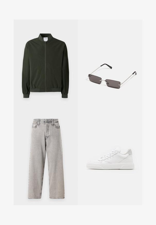 Olivnozeleni bombažan jakna iz gladkega najlona, z oblikovanim zadrgo spredaj, rebrastimi manšeti in okroglim ovratnikom. Brez vidnih vzorcev ali akcentov.; Bela bomba majica iz bombaža z kratkimi rokavi, krožno ovratnikom in rdečim grafičnim besedilom "OKUSNO OSVEŽILNO SADJE" na sprednji strani.; Široke sivo-jeans hlače z uveljavljenim opranjem, petimi žepi, zankami za pas in kontrastnim šivanjem. Gladka tekstura in raven kroj.; Bele usnjene športne copate z gladkim zaključkom, okroglo konico, ravnimi vezalkami in teksturiranim podplatom. Sivi semiš detajl na peti.; Očala za sonce s pravokotnimi, temno sivimi lečami, srebrnimi kovinskimi okvirji in črnimi plastičnimi konicami na ročajih. Lahka zasnova z nosnimi blazinicami.