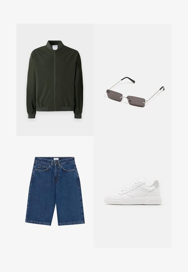 Olivgrüne Bomberjacke aus glattem Nylon, mit einem Reißverschluss vorne, gerippten Bündchen und einem runden Kragen. Keine sichtbaren Muster oder Akzente.; Weißes Baumwoll-T-Shirt mit kurzen Ärmeln, Rundhalsausschnitt und einem roten grafischen Text "LECKERER ERFRISCHENDER FRUCHT" auf der Vorderseite.; Dunkelblaue Jeansshorts mit einem Fünf-Taschen-Design, geradem Schnitt und sichtbaren Nähakzenten. Glatte Textur und mittelhohe Taille.; Weiße Leder-Sneaker mit glatter Oberfläche, rundem Zehenbereich, flachen Schnürsenkeln und strukturiertem Schuhsohlen. Graues Wildleder-Detail an der Ferse.; Sonnenbrille mit rechteckigen, dunkelgrauen Gläsern, silbernen Metallrahmen und schwarzen Kunststoffenden an den Bügeln. Leichtes Design mit Nasenpads.