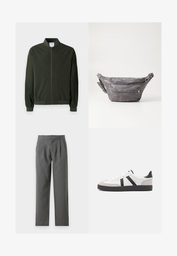 Jachetă bomber de culoare verde măslin, confecționată din nylon neted, cu un fermoar frontal, manșete ribbate și un guler rotund. Fără modele sau accente vizibile.; Tricou negru din bumbac, cu mâneci scurte. Prezintă un logo verde "ROOTS" pe față, guler rotund și o potrivire standard.; Pantaloni gri cu dungi subțiri, confecționați dintr-un material texturat. Prezintă o talie înaltă cu pliseuri și un design cu picior drept.; Sneaker alb cu accente negre și gri, având un capac de vârf gri texturat, talpă din cauciuc negru și șireturi plate albe. Design elegant, stil minimalist.; Borseta gri din suede, cu o formă rotunjită, două compartimente cu fermoar și curea ajustabilă. Are accente din metal.