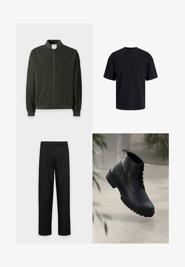 Olivengrøn bomberjakke lavet af glat nylon, med en lynlås foran, ribbede manchetter og en rund krave. Ingen synlige mønstre eller accenter.; Sort bomulds t-shirt med rund hals, korte ærmer og en afslappet pasform. Glat tekstur uden synlige mønstre eller accenter.; Sorte bukser lavet af glat stof, med et lige ben-design, to frontfolder og en standard talje med bæltestropper.; Sorte læder ankelstøvler med rund tå, snørebåndsdesign og robust gummisål. Glat tekstur med en løkke bagpå.