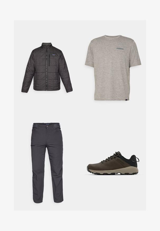 Mustan, tikkimisega sulejope kõrge kraega, täispika esiluku ja vasakul rinnal logo aktsendiga. Omab pikki varrukaid ja sileda tekstuuri.; Hall tootega hall T-särk lühikeste varrukatega, pehmest tekstuuriga kangast, millel on vasakul rinnal väike sinine Patagonia logo. Täiendavaid mustreid pole.; Tumed hallid püksid, mis on valmistatud vastupidavast kangast, varustatud lukuga tasku, sirge lõikega ja vööaasadega, et sobivust kohandada.; Kohandatud veekindlad pruunid spordijalatsid tekstuuriga pealisega, perforatsioonidega detailid, must kandetoetav osa ja hall kummine sisetald. Paelad on metallist otstega.