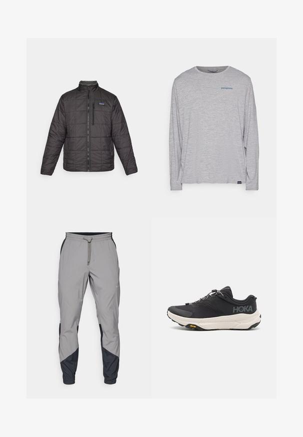 Mustan, tikkimisega sulejope kõrge kraega, täispika esiluku ja vasakul rinnal logo aktsendiga. Omab pikki varrukaid ja sileda tekstuuri.; Heledhalli pikkade varrukatega t-särk, mis on valmistatud pehmest, tekstureeritud kangast. Omab ümberkaela lõiget ja väikest sinist Patagonia logo rinna peal.; Kergedatud hallid sportlikud püksid mustade aktsentidega. Elastne vöökoht, stringiga sulgemine, kitsenev jala disain ja küljetaskud.; Mustmustun mustus kingad tekstuurse ülusega, hallide aktsentidega, peegeldavate detailidega ning paksu valge tallaga, millel on Vibram'i bränding.