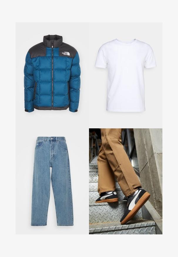 Blue puffer jacket with a black quilted yoke, zip closure, high collar, side pockets, and logo detail on the chest. Padding provides insulation.; White short-sleeve t-shirt in cotton fabric with a round neckline. Simple design with no patterns or accents. Smooth texture.; Light blue denim jeans with a high-waist, relaxed fit, featuring two front pockets, a back patch pocket, and a button closure.; Black and gray suede sneakers with white accents and gum rubber soles, worn on tan pants while ascending metal stairs.