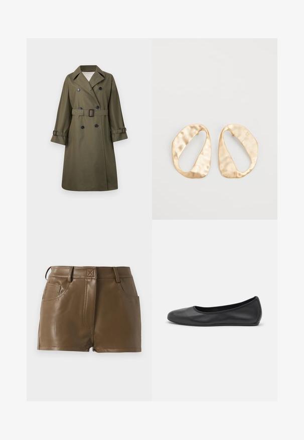 Olive green trench coat made of smooth fabric, featuring double-breasted buttons, a belted waist, and rolled cuffs.; Long-sleeve white T-shirt made of ribbed cotton, featuring a round neckline and a straight hem. Simple design with no patterns or accents.; Brown faux leather shorts with a fitted design, waistband with belt loops, front pockets, and visible stitching details.; Black leather ballet flat with a rounded toe, smooth texture, minimal stitching detail, and a flexible sole design.; Pair of irregular oval-shaped gold-toned metal earrings with a textured, slightly hammered surface on a white background.