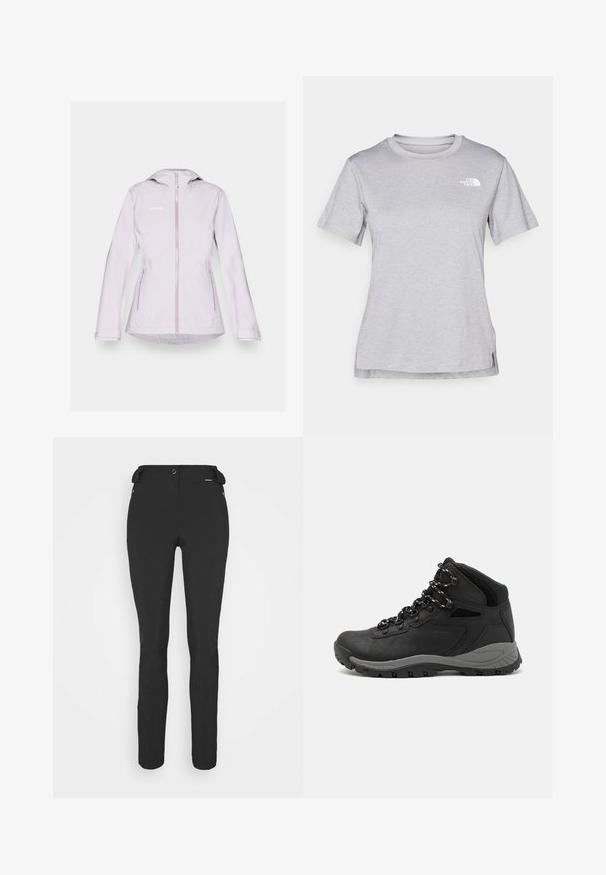 Chaqueta de mujer en color púrpura claro con capucha, cierre frontal, dos bolsillos laterales y una textura lisa y a prueba de agua. Logo impreso en el pecho.; Camiseta gris de manga corta hecha de una suave tela que absorbe la humedad. Presenta un cuello redondo y un pequeño logotipo blanco en la parte superior izquierda.; Pantalones negros ajustados hechos de un material flexible. Las características incluyen un bolsillo lateral con cremallera, rodillas articuladas y una textura suave.; Bota de senderismo negra con un diseño de medio caña, que cuenta con una parte superior texturizada, acentos grises y una suela de goma duradera con tacos de tracción.