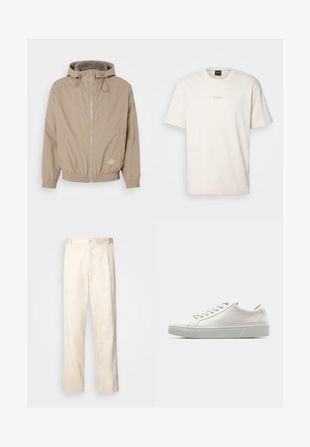 Svetlo bež kapucarjak iz gladkega materiala z sprednjim zipom, elastičnim robom in zelenim logotipom na spodnjem desnem delu.; BOSS TEE - Navadna majica - open white; Bež cottone hlače s ravnim krojem, ki imajo gumbasto zapiranje in nabore spredaj za dodatne detajle.; Bela usnjena tenisačka obutev s zaobljenim nosom, minimalističnim dizajnom, sivozelenimi vezalkami in teksturiranim sivo gumijastim podplatom. Opazne diskretne šivalne podrobnosti.