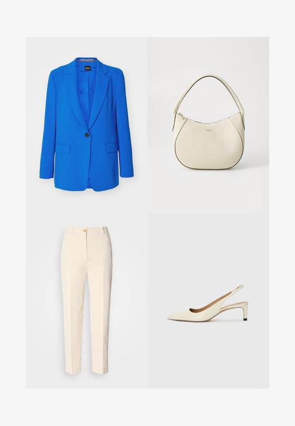 BOSS JOCALUAH - Casaco curto - bright blue; T-shirt branco cropped, mangas curtas e largas, material de algodão suave, decote redondo com um discreto acabamento laranja, design minimalista, sem padrões ou gráficos.; Calças de cintura alta em tom creme, feitas de um tecido texturizado. Apresenta um fecho frontal com botão e pernas afuniladas.; Sandal com biqueira pontiaguda em couro off-white, apresentando um salto baixo e um design recortado com uma textura suave e acabamentos mínimos.; Saco de mão em tom creme com um acabamento texturizado, forma curva, alça curta e detalhe do logótipo em tom dourado. Fecho com zíper na parte superior.