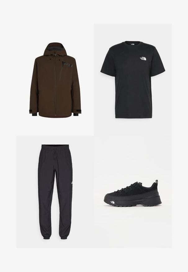 Veste imperméable marron avec capuche, poches zippées et accents noirs contrastants. Texture lisse avec un design moderne et épuré.; T-shirt en coton noir à manches courtes, col rond, avec un petit logo blanc sur la poitrine gauche. Design simple, texture lisse et coupe décontractée.; Pantalon de sport noir en tissu léger, avec une taille à cordon, des poches latérales et des chevilles resserrées.; Baskets de plein air noires avec une tige en daim, semelle en caoutchouc texturé et un système de laçage robuste. Comprend un talon renforcé et un logo de la marque sur le côté.