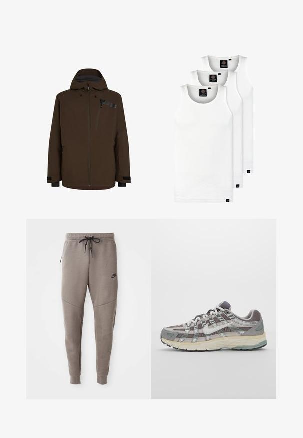 Bruine waterdichte jas met een capuchon, ritssluitingen en contrasterende zwarte accenten. Glasachtige textuur met een strakke, moderne uitstraling.; Drie witte geribde tanktops van katoen. Kenmerken zijn een ronde hals en kleine zwarte labels nabij de zoom. Verkrijgbaar in meerdere maten.; Grijze Nike-sweatpants met een verstelbare tailleband, taps toelopende benen, zijzakken en opvallende naaddetails. Zachte, gestructureerde stof.; Grijze sportieve schoen met een bovenwerk van mesh en suede, witte accenten, een gevoerde zool en een onderscheidend ontwerp met reflecterende elementen.