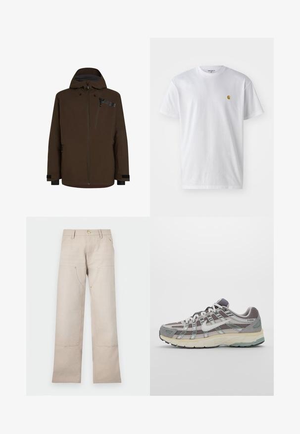Bruine waterdichte jas met een capuchon, ritssluitingen en contrasterende zwarte accenten. Glasachtige textuur met een strakke, moderne uitstraling.; Witte katoenen t-shirt met korte mouwen en ronde hals, voorzien van een klein gouden logo op de linkerkant van de borst. Zachte textuur en een normale pasvorm.; Beige katoenen broek met een recht gesneden ontwerp, voorzien van twee voorkezen en twee ritssluitingen. Goudkleurige accenten benadrukken het geheel.; Grijze sportieve schoen met een bovenwerk van mesh en suede, witte accenten, een gevoerde zool en een onderscheidend ontwerp met reflecterende elementen.