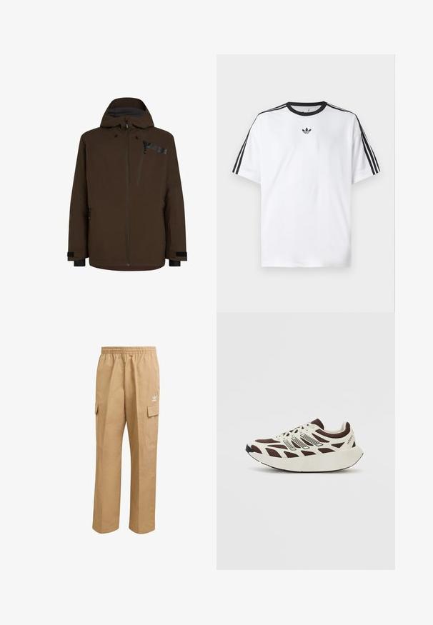 Ruskea vedenpitävä takki, jossa on huppu, vetoketjulliset taskut ja kontrastiväriset mustat yksityiskohdat. Liukas pinta modernilla ja tyylikkäällä designilla.; Valkoinen t-paita, joka on valmistettu puuvillasta, mustalla pyöreällä kaula-aukolla ja kolmella mustalla raidalla jokaisella olkapäällä. Pieni musta logo rinnassa.; Vaaleanruskeat cargo-housut, joissa on joustava vyötärö, kaksi sivupusseja ja pieni valkoinen logo vasemmassa reidessä. Sujuva pinta.; Ruskea ja kerma sneaker, jossa on verkko-yläosa, teksturoidut päällysteet ja pyöreä, paksu valkoinen pohja. Sisältää matalaprofiilisen kieli ja nyörit.