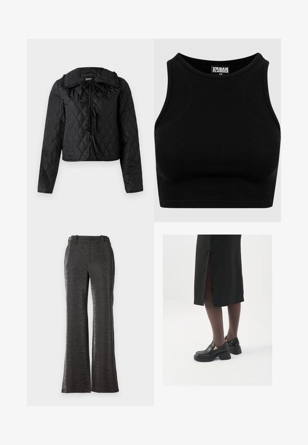Svart vadderad jacka med långa ärmar, volangkrage och tre framknäppningar, hängande mot en vit bakgrund.; Svart ribbad croptop med rund halsringning och ärmlös design. Tillverkad av ett elastiskt, texturerat tyg. Märket heter "Urban Classics."; Svarta, utsvängda byxor gjorda av textil med glänsande yta. Har en midjeresår, framfickor och en rak skärning ner till fållen.; Svarta läderskor med rund tå, tjock klack utan häl och elastiska sidodetaljer, kombinerat med mörka strumpbyxor och en svart kjol med slits.