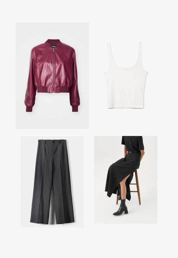 ONLY ONLHEIDI SHORT - Keinonahkatakki - burgundy; Valkoinen puuvillainen hihaton toppi, jossa on pyöristetty pääntie, ei hihoja ja vartalonmyötäinen muoto. Sileä pinta, yksinkertainen muotoilu ja vähäiset ompeluyksityiskohdat.; Housut, joissa on leveät lahkeet tummanharmaasta kankaasta. Varustettu napin sulkemisella, etupleiteillä ja vyölenkeillä. Sujuva rakenne ja räätälöity muotoilu.; Musta pellavasta valmistettu maxi-hame, jossa on korkea halkio, puettuna mustan t-paidan ja mustien nilkkabootsien kanssa. Minimalistinen muotoilu, rento istuvuus.