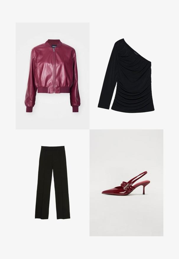 ONLY ONLHEIDI SHORT - Imitatieleren jas - burgundy; Zwarte lange mouwen top met een off-shoulder ontwerp, textuur ruching aan de voorkant en een gladde stofafwerking.; Zwarte wijde pantalon gemaakt van een soepele stof, met een aansluitende tailleband en subtiele plooien aan de voorkant voor extra textuur.; Rode gepatenteerde leren slingbackhakken met een spitse neus, twee gespsluitingen en een slanke, middelhoge stilettohak. Glad textuur.