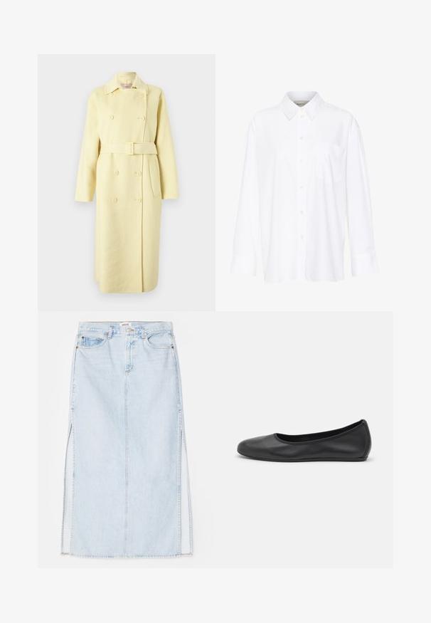 Kétgombos sárga gyapjú kabát övvel, hosszú ujjakkal, gallérral és oldalsó zsebekkel. Simább anyag, gombos részletekkel.; Fehér, hosszú ujjú, galléros ing, amely pamutból készült. Gombos elülső része és egyetlen mellzsebe van. Simított textúra, laza szabás.; Világoskék farmer maxi szoknya egyenes szabással, oldalsó hasítékokkal és öt zsebes kialakítással. Kiemelkedő varrás és fém gombos zárás.; Fekete bőr balettcipő lekerekített orral, sima tekstúrával, minimális varrással és rugalmas talp kialakítással.