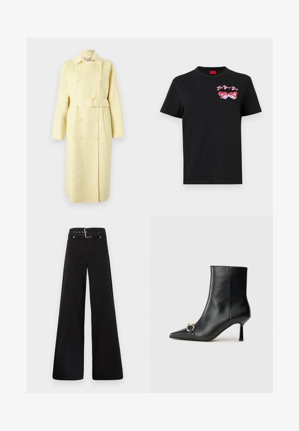 Kahekordne kollane villane mantel vööga, pikad varrukad, krae ja küljetaskud. Sile tekstuur nuppude detailidega.; Musthave musta T-särk lühikeste varrukatega, millel on vasakul rinnal roosa prillide graafika ja tekst "Not Your Girl".; Mustad laiad mustad püksid, mis on valmistatud puuvillast, kõrge vöökoha, suurte küljetaskute ja kumerate rihmadega, kus on hõbedased detailid.; Must mustanvärvi nahast pahklinetopp, millel on terav nina, peen keskmise kõrgusega konts ja hõbedane keha detail külgedel, taustal lihtne taust.