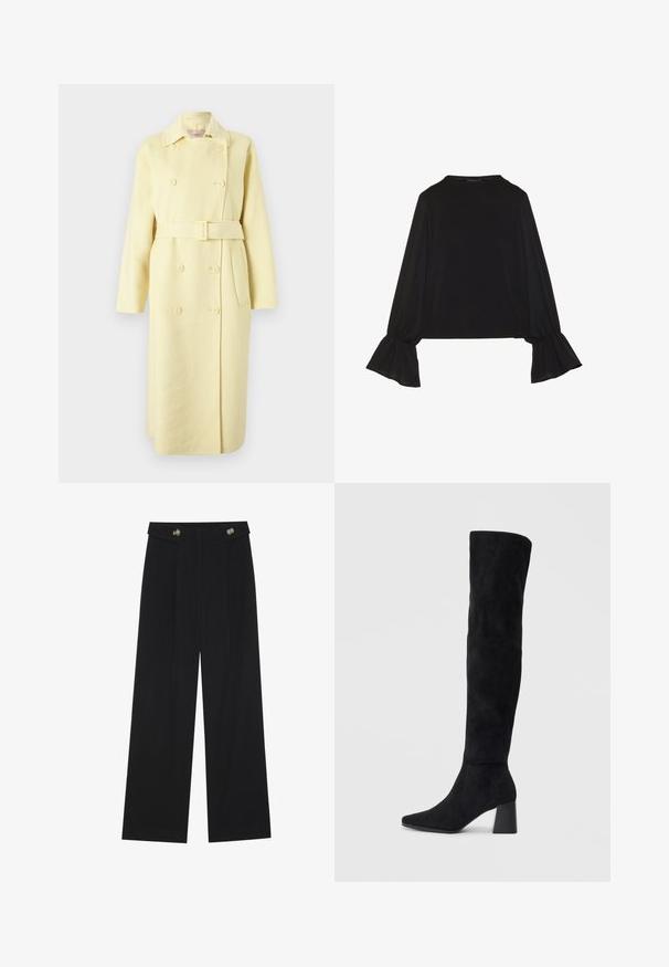 Double-breasted yellow wool coat with a belt, long sleeves, a collar, and side pockets. Smooth texture with button detailing.; Black long-sleeve top featuring flared cuffs, soft texture, and a relaxed fit, with a simple round neckline.; Black wide-leg trousers with high waist, button details on waistband, and front pleats.; Black suede knee-high boot with block heel, pointed toe, and smooth, seamless design on a plain light background.
