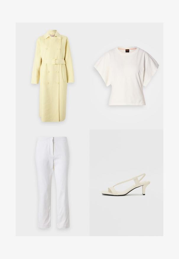 Double-breasted yellow wool coat with a belt, long sleeves, a collar, and side pockets. Smooth texture with button detailing.; White cropped T-shirt, short wide sleeves, soft cotton material, round neckline with subtle orange trim, minimal design, no patterns or graphics.; White cotton pants with a straight leg design, featuring a mid-rise waist and no visible hardware or patterns. Smooth texture throughout.; Beige block-heeled sandals with thin straps and a square toe. Smooth material with minimal detailing, designed for easy wear.