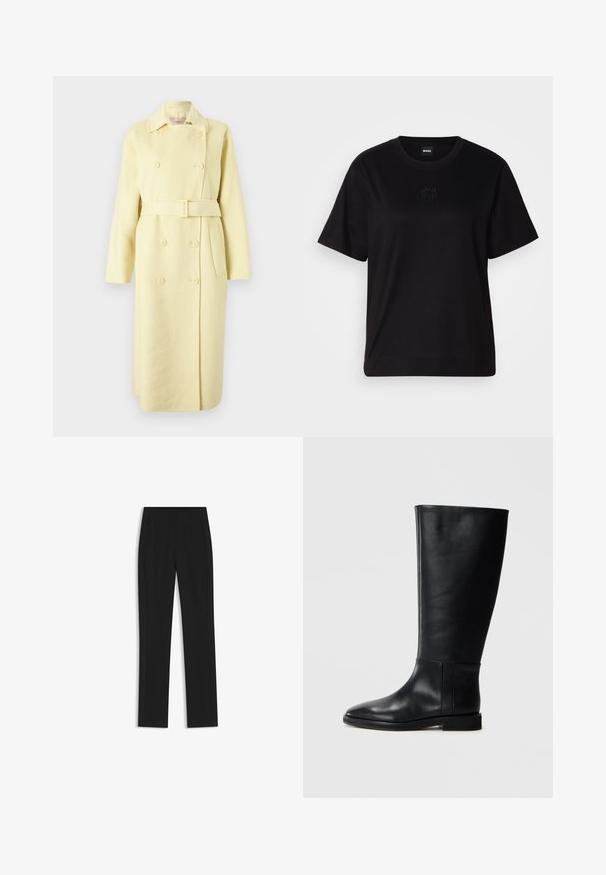 Doppelt-knöpfiger gelber Wollmantel mit Gürtel, langen Ärmeln, Kragen und Seitentaschen. Glatte Textur mit Knopfdetails.; Schwarzes Baumwoll-T-Shirt mit Rundhalsausschnitt, kurzen Ärmeln und aufgesticktem Logo auf der Brust. Einfacher, lässiger Schnitt ohne Muster.; Schwarze maßgeschneiderte Hose mit geradem Bein, ausgestattet mit Fronttaschen und einem glatten, strukturierten Stoff. Saubere, minimale Details.; Schwarze Lederstiefel bis zum Knie mit runder Zehenform, glatter Textur, minimalistischem Design und flacher Sohle. Einfache Nahtdetails am Schaft.