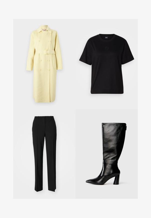 Cappotto giallo in lana doppiopetto con una cintura, maniche lunghe, colletto e tasche laterali. Tessuto morbido con dettagli di bottoni.; Maglietta in cotone nera con scollatura tonda, maniche corte e logo ricamato sul petto. Design semplice e vestibilità rilassata senza motivi.; Pantaloni neri su misura con un design a gamba dritta, caratterizzati da una texture liscia e pieghe ben definite sul davanti. Senza hardware visibile.; Stivale in pelle nera, alto fino al ginocchio, con punta affusolata, superficie liscia e tacco spesso. Presenta un dettaglio con zip sul retro.