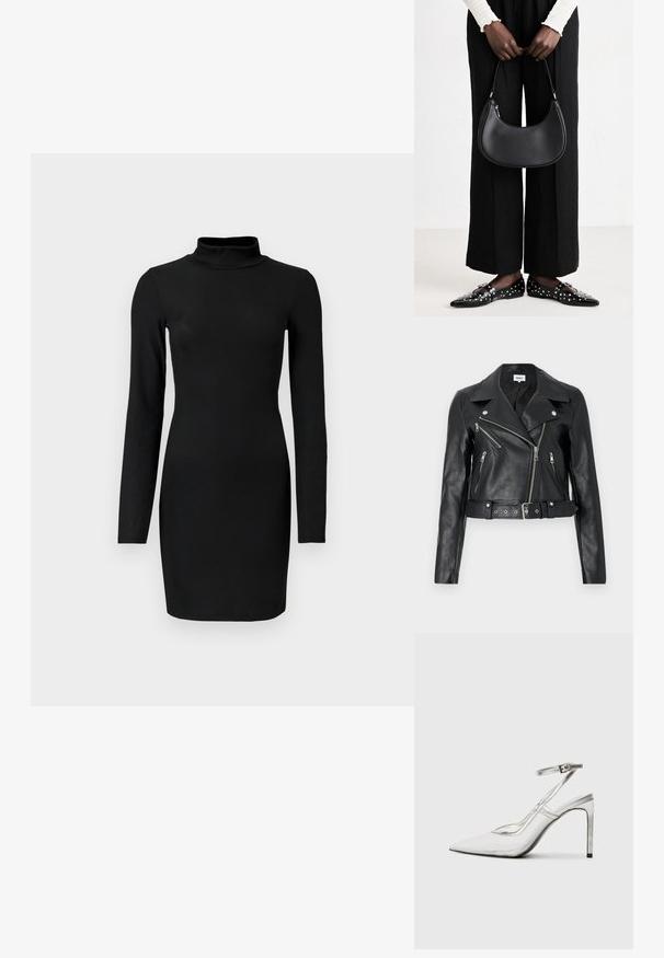 Svart läderkort jacka med bred krage, asymmetrisk frontdragkedja och bälte. Har flera fickor med dragkedja och silverfärgad hårdvara.; Svart ribbad långärmad klänning med ståkrage, figurnära silhuett och slät textur. Längd till mitten av låret och inga synliga mönster eller detaljer.; Genomskinlig stilettklackssko med spetsig tå, transparent material, metalliska silverdetaljer och justerbar ankelrem.; Svart läderaxelväska med rundad form, glänsande yta och silverdetaljer. Person bär svarta vida byxor och nitprydda loafers.