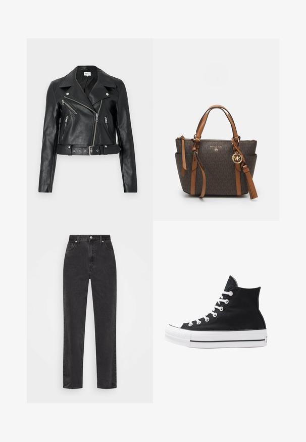 Fekete bőr, rövidített dzseki széles gallérral, aszimmetrikus elülső cipzárral és övvel. Több cipzáras zseb található rajta, ezüstszínű hardverrel.; Fehér pamut póló rövid ujjal, kerek nyakkivágással, laza fazonnal, és nincsenek rajta látható minták vagy grafikák. Sima textúra és egyszerű dizájn.; Fekete, egyenes szárú farmernadrág, magas derékkal, elülső gombbal és cipzárral, valamint öt zsebes stílussal, fehér háttérrel.; Fekete vászon magas szárú sneaker, fehér fűzőkkel és gumitalppal. Texturált orr-rész és fekete-fehér csíkos kiegészítők jellemzik.; Barna monogram mintás kézitáska, két felső fogantyúval, arany színű fémrészekkel és levehető bojt díszítéssel. Cipzáros teteje és oldalzsebei vannak.