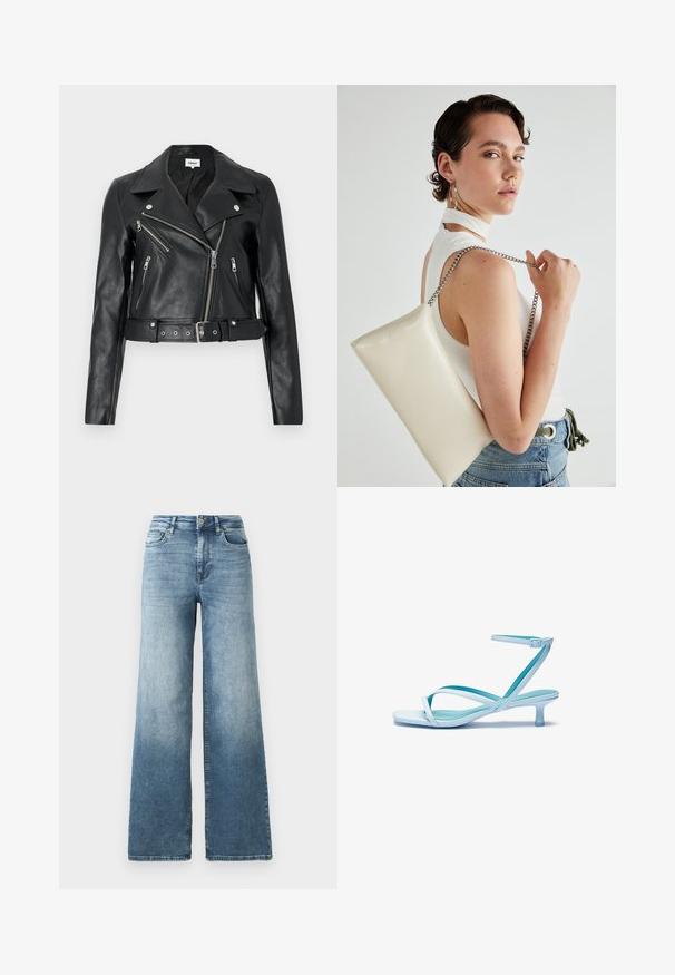 Juodas odinis trumpas švarkas su plačiu apykakle, asimetriška priekinė užtrauktukų uždarymas ir diržas. Yra keli užtrauktukais uždaromi kišeniai ir sidabrinės detalės.; Tamsiai mėlynas trumpas mezginys su raukšlėta tekstūra, trumpomis plačiomis rankovėmis ir apvaliu kaklu. Paprastas dizainas, be matomų raštų ar akcentų.; Šviesiai mėlynos plačių kojų džinsai, pasižymintys aukštu liemeniu, penkių kišenių dizainu ir švelniu audinio blukimu. Klasikinis metalinis sagtys.; Šviesiai mėlynos guminės sandalai su kvadratiniu pirštu, žemu kulnu, reguliuojama kulkšnies juosta ir lygiu, blizgiu paviršiumi. Kryžminiai dirželiai ant pado.; Balta, stačiakampio formos rankinė pagaminta iš blizgaus medžiagos, su sidabriniu virvute. Modelis pozavo, demonstruodamas rankinę prieš paprastą foną.