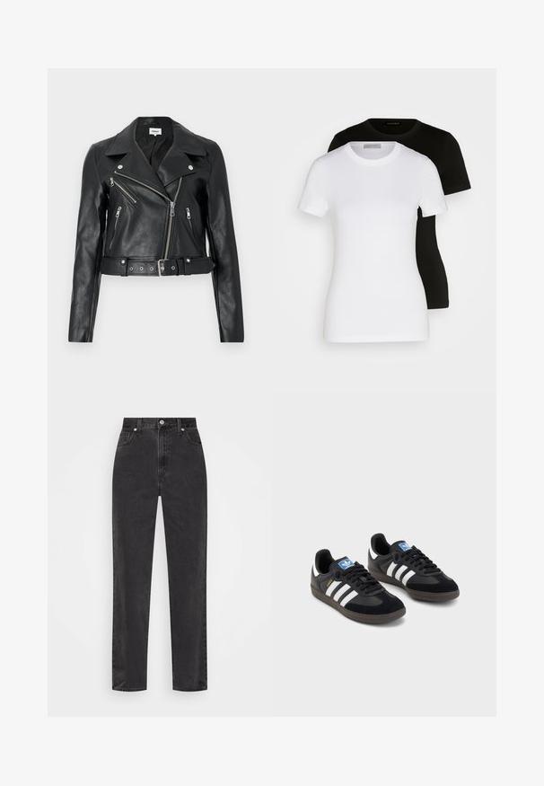 Czarna skórzana kurtka z krótkim krojem, szerokim kołnierzem, asymetrycznym zapięciem na zamek z przodu oraz paskiem. Posiada liczne kieszenie na zamek i srebrne elementy.; Dwie koszulki z krótkim rękawem w kolorze czarnym i białym. Wykonane z gładkiej bawełny, z klasycznym okrągłym dekoltem i regularnym krojem.; Czarne dżinsy o prostych nogawkach z wysokim stanem, z przodem zapinanym na guzik i zamek, oraz pięcioma kieszeniami na białym tle.; Czarne sneakersy z zamszową i syntetyczną cholewką, wyposażone w trzy białe paski, teksturowaną gumową podeszwę oraz niebieską metkę z logo na języku.