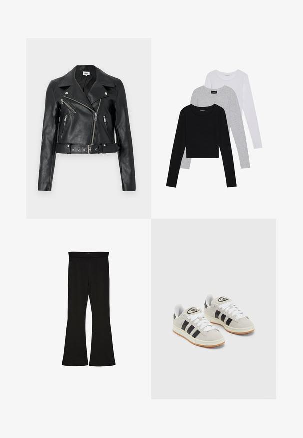 Crna kožna kratka jakna sa širokim ovratnikom, asimetričnim prednjim patentnim zatvaračem i remenom. Ima više džepova sa patentnim zatvaračem i srebrni detalj.; Tri dugih rukava posložena: crna, siva i bijela. Svaka ima okrugli izrez i skrateni kroj s glatkom, laganom tkaninom.; Crne hlače na tregere od rastezljivog materijala. Imaju širok pojas i glatku teksturu, s uskim krojem koji se širi na rubu.; Sive suede tenisice s bijelim vezicama, crnim prugama i bijelim gumiranim potplatom. Imaju kružni logo na jeziku i gumeni potplat.