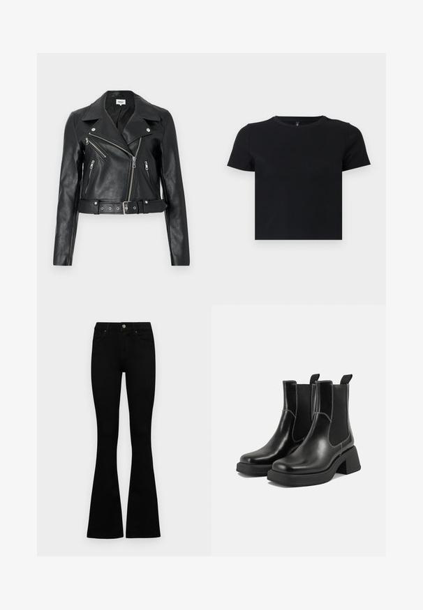 Crna kožna skraćena motorkarska jakna sa srebrnim patentnim zatvaračima, širokim reverima i pojasa u struku. Teksturirani završetak s četiri džepa na patentni zatvarač.; Crna majica s kratkim rukavima napravljena od mekanog pamuka. Ima okrugli izrez i pripijen kroj. Glatka tekstura bez uzoraka ili naglasaka.; Crne traperice viskog struka s kopčanjem na gumb i rajfeslusu, prednjim džepovima i širom nogavicama položene su ravno na bijeloj pozadini.; Crne kožne Chelsea čizme s debelim potplatom, elastičnim bočnim panelima i kontrastnim bijelim šavovima. Teksturirana površina.