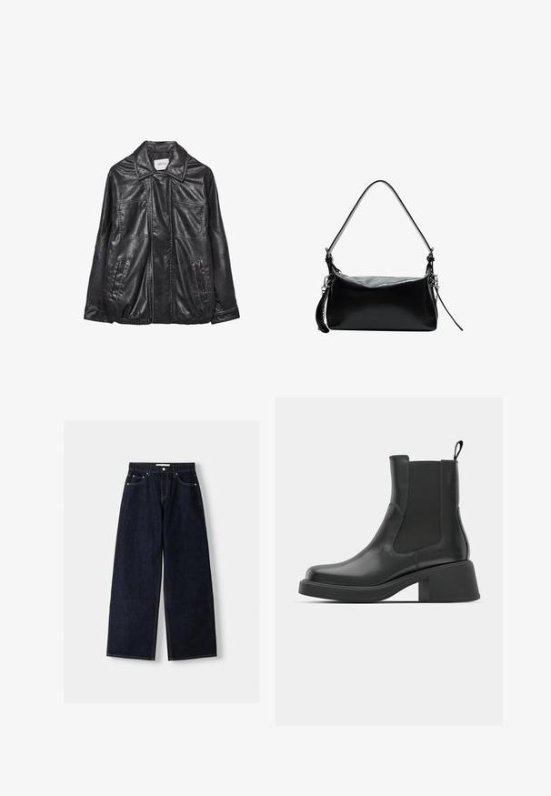 Czarna skórzana kurtka z kołnierzykiem, dwoma przednimi kieszeniami, elastycznym dołem i kontrastującymi szwami. Miękka tekstura.; Jasnoniebieski sweter wykonany z miękkiego, szczotkowanego materiału. Posiada ściągacze na mankietach i dolnym brzegu oraz okrągły dekolt. Luźny krój z opadającymi ramionami.; Granatowe dżinsy z szerokimi nogawkami i wysokim stanem, pięć kieszeni, kontrastowe szwy i srebrne metalowe akcesoria. Gładka tekstura i czyste wykończenie.; Czarne skórzane botki na kostkę z elastycznymi panelami bocznymi, okrągłym noskiem i grubym słupkowym obcasem. Gładka faktura z minimalistycznym wzornictwem.; Czarna skórzana torebka na ramię z zakrzywionym paskiem, gładką fakturą, prostokątnym kształtem, zamknięciem na zamek błyskawiczny oraz srebrnymi elementami.