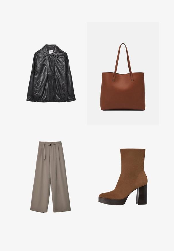 Giubbotto in pelle nera con colletto, due tasche frontali, orlo elasticizzato e dettagli di cucitura a contrasto. Texture morbida.; Maglietta a maniche corte marrone realizzata in tessuto morbido, con scollatura rotonda e vestibilità rilassata. Nessun motivo o dettaglio visibile.; Pantaloni a gamba larga in un morbido tessuto grigio tenue, con vita con cintura e pieghe per un tocco di design aggiuntivo. Texture liscia, senza motivi.; Stivale alla caviglia in suede marrone con punta arrotondata, tacco spesso a strisce nere e superficie liscia. Caratterizzato da un design aderente senza hardware visibile.; Borsa tote in pelle marrone con texture liscia, design con apertura superiore e due spallacci. Presenta cuciture minime e nessun hardware visibile.