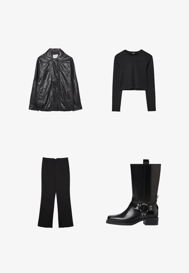 Černá kožená bunda s límečkem, dvěma předními kapsami, elastickým lemem a kontrastními švy. Měkká textura.; Černý dlouhý rukáv cropped top s kulatým výstřihem, jednoduchý design a mírně zaoblený lem.; Černé kalhoty s rovným střihem, s předními kapsami a bočními rozparky na lemu. Vyrobené z jemné, hladké tkaniny. Vhodné na různé příležitosti.; Černá kožená vysoká bunda s špičatou špičkou, stříbrnými sponami a robustní podešví. Obsahuje poutko pro snadné obutí.