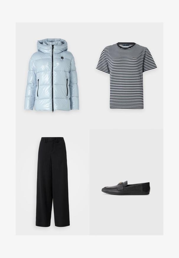 Blauer JOYCE - Vinterjakke - baby blue; Stripet t-skjorte med svart og hvit horisontale striper, rund hals og kort ermer. Laget av myk, lett stoff.; Sorte brede bukser laget av glatt stoff, med flat frontdesign, plisserte detaljer og beltehemper i midjen.; Sorte skinnloafers med en jevn tekstur, med flat såle og et dekorativt detalj på overflaten. Rund tå og slip-on design.