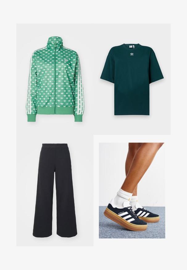 adidas Originals MONO - Bluză de trening - preloved green; Tricou supradimensionat verde închis din bumbac, cu mâneci scurte și decolteu rotund, având un logo Adidas alb pe piept.; Pantaloni de trening negri, cu picioare largi, confecționați dintr-un material moale, având un talie elastică și un logo mic pe partea stângă.; Adidași negri din piele întoarsă cu dungi și accente albe, vârf rotund, talpă de cauciuc gumă, asortați cu șosete albe cu model nervurat.