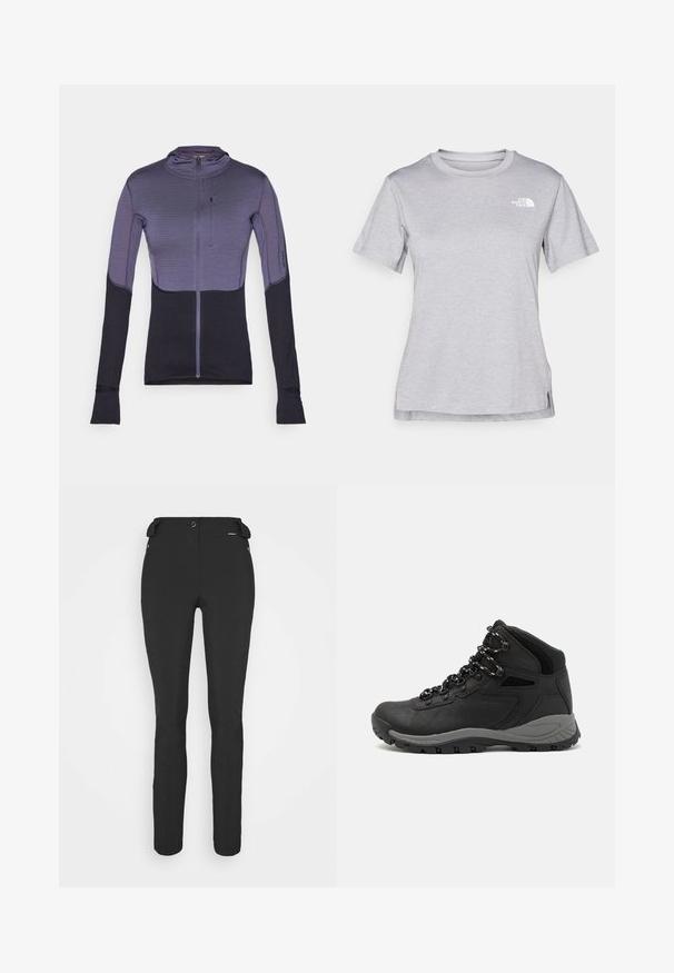 Fekete és lila színű, testre simuló, hosszú ujjú felső, elől cipzárral, függőleges csíkos textúrával és hüvelykujjnak megfelelő nyílásokkal az ujjak végén.; Szürke, rövid ujjú póló, puha, nedvességet elvezető anyagból készült. Kerek nyakú, és egy kis fehér logó található a bal felső részen.; Fekete, testhezálló nadrág rugalmas anyagból. Jellemzők: cipzáras oldalzseb, artikulált térdek és sima felület.; Fekete túracipő közepes magasságú kialakítással, texturált felsőrésszel, szürke részletekkel és strapabíró gumitalppal, amelynek tapadós kiemelkedései vannak.
