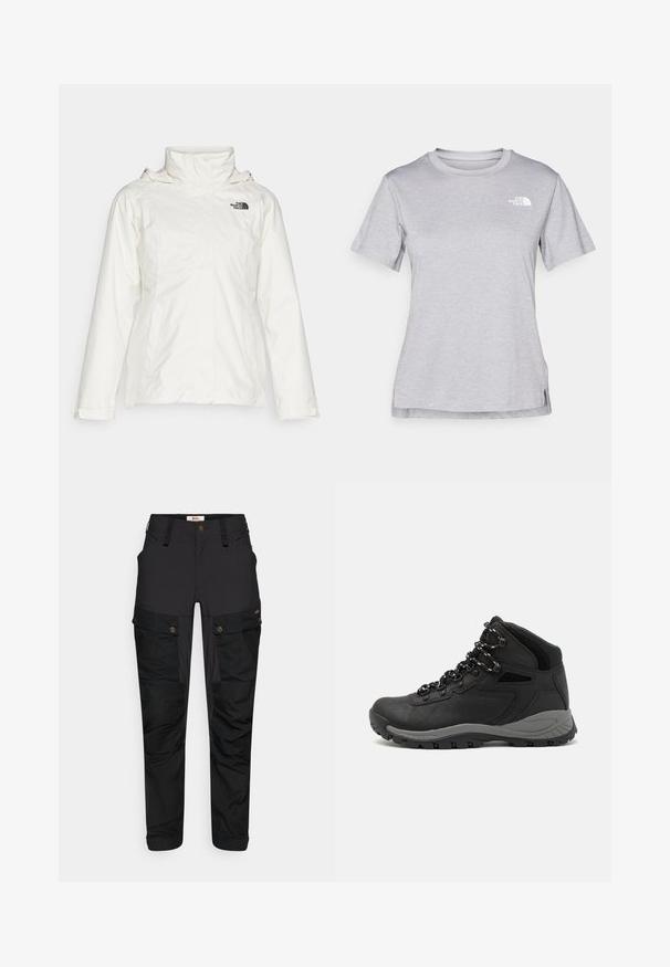 Casaco impermeável branco com um colarinho alto, mangas compridas e bolsos laterais. Apresenta um logótipo no lado esquerdo do peito e uma textura suave.; T-shirt cinza de mangas curtas feito de um tecido suave e que absorve a humidade. Apresenta um decote redondo e um pequeno logotipo branco na parte superior esquerda.; Calças cargo pretas feitas de um tecido resistente, com vários bolsos, fecho de correr e uma cintura plana. Detalhes texturizados nos joelhos e lados.; Bota de caminhada preta com design de cano médio, apresentando um upper texturizado, detalhes cinzentos e sola de borracha durável com cravos de tração.