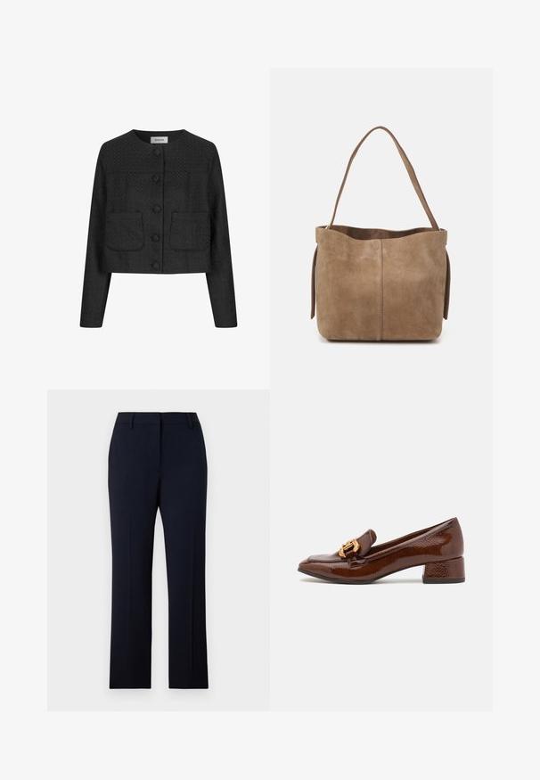 Čierna skrátená bunda s textúrovanou tkaninou, okrúhlym výstrihom, predným zapínaním na gombíky a dvoma náprsními vreckami vpredu.; Biely blúzka s gombíkmi a volánovým golierom, vertikálnymi prúžkami a textúrovanou látkou. Má elastické vypuklé rukávy so čipkovým lemom.; Námornícke modré upravené nohavice so rovný strihom, vyrobené z hladkej látky. Obsahujú pútka na opasok, predné vrecká a čistý dizajn pásu.; Hnedé kožené loafers s lesklým povrchom, s dekoratívnym zlatým prackom na prednej strane a nízkym blokovým podpätkom. Klasický dizajn.; Hnedá semišová taška cez rameno s jemnou textúrou, otvoreným vrchom a jedným ramenným popruhom. Disponuje hladkým povrchom a minimálnym detailovaním.