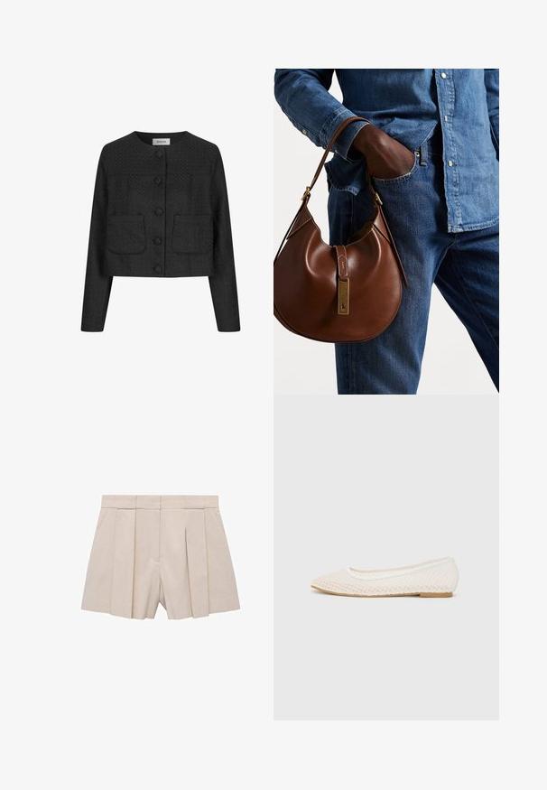 Giacca nera corta in tessuto texturizzato, con scollatura rotonda, chiusura anteriore con bottoni e due tasche applique sul davanti.; Top bianco off-the-shoulder con dettaglio in tessuto drappeggiato, maniche corte arrotolate, abbinato a pantaloni beige a vita alta con pieghe.; Pantaloni beige plissettati con design sartoriale, caratterizzati da un alto vita e una texture morbida. Quattro plissettature frontali creano volume. Senza tasche.; Scarpa piatta bianca con design in rete, punta affilata e suola bassa e piatta. Parte superiore testurizzata con fodera liscia e delicate rifiniture a contrasto.; Borsa hobo in pelle marrone con una forma arrotondata, dotata di dettagli in hardware dorato e cuciture a contrasto. Abbinata a una camicia di jeans e a un paio di jeans.