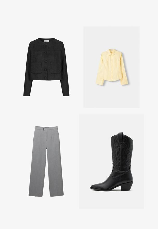 Giacca nera corta in tessuto texturizzato, con scollatura rotonda, chiusura anteriore con bottoni e due tasche applique sul davanti.; Camicia a righe gialle con maniche lunghe, colletto a punta e chiusura frontale con bottoni. Presenta righe verticali blu e una vestibilità sartoriale.; Pantaloni grigi su misura con gamba ampia, frontale piatto e texture sottile. Presentano una chiusura a un bottone e linee pulite.; Stivale da cowboy in pelle nera con punta affusolata, motivi ondulati in rilievo e tacco di altezza media. Dotato di un pratico passante per indossarlo facilmente.