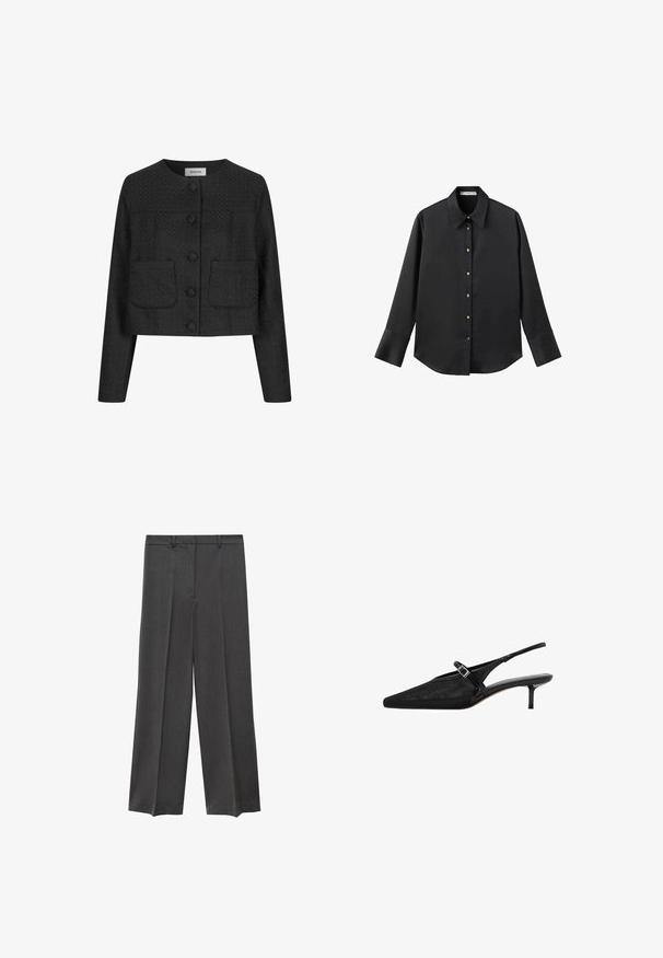 Zwarte cropped jack van een textuurstof, ronde halslijn, sluiting met knoop aan de voorkant en twee opgestikte zakken aan de voorkant.; Zwarte lange mouwen shirt van gladde stof, met een klassieke kraag, een sluiting met knopen aan de voorkant met gouden knopen en brede manchetten.; Grijze wijde broek met een gladde textuur, geplooide voorkant en ceintuurlussen. Gemaakt van een lichtgewicht, geweven stof.; Zwarte slingback hakken met puntige neuzen, een gestructureerde mesh bovenkant, slanke verstelbare band met zilveren gesp en 5 cm stiletto hakken.